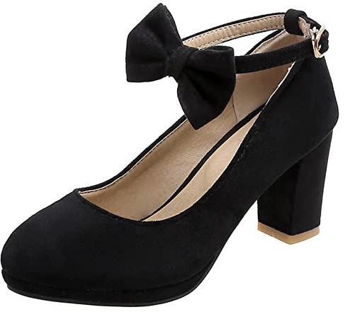 Décolleté con Tacco Largo da Donna, Pompe al Tallone Alto Punta Rotonda Fibbia Scarpe da Sera con Plateau con Cinturino alla Caviglia Bowknot Moda Cknafq Nero Numero 45 EU