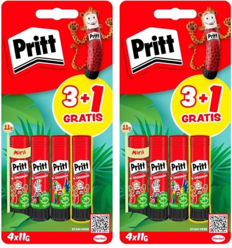 Pritt Barra Adhesiva, pegamento infantil seguro para niños para manualidades, cola universal de adhesión fuerte para estuche escolar y oficina, 3+1 x 11 g Pritt Stick (Paquete de 2)