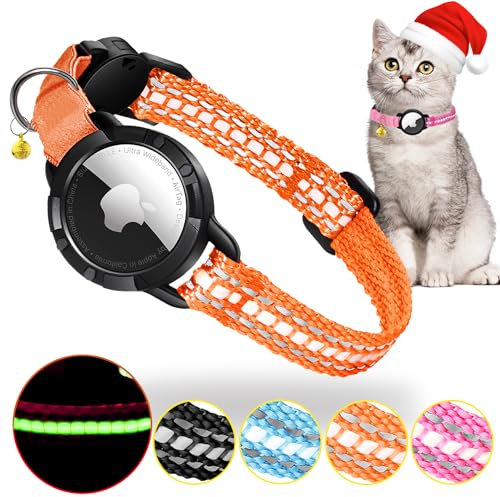 Airtag Katzenhalsband - Integriertes Katzenhalsband Airtag Wasserdicht,Reflektierendes Katzenhalsband mit Abbrechbarer Sicherheitsschnalle & Elastischer Gummizug für Kätzchen Klein Hund (Orange XS)