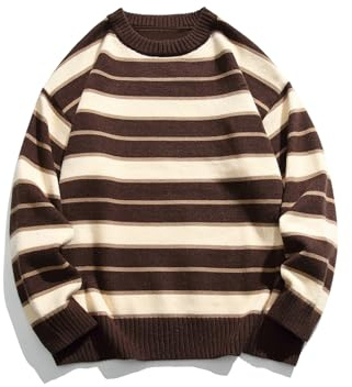 Vamtac Chandails pour Homme Vintage Grand-père esthétique, surdimensionné, Tricot à Manches Longues, Pull à Rayures Graphiques pour Femmes, 25-café 1, Taille S