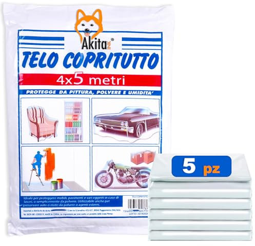 Telo copritutto, Copertura Multiuso AkitaInk: Set da 5 Teli Trasparenti da 4x5 m per Pittura e Protezione - Resistente, Universale, Impermeabile