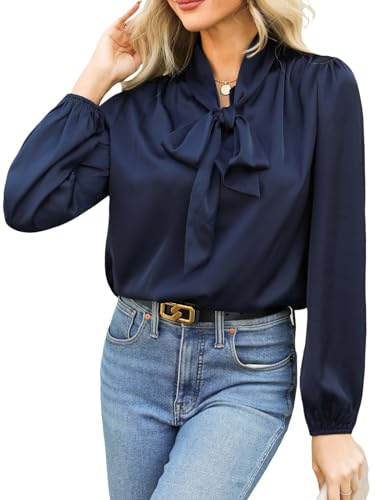 CUPSHE Blusa para mujer, cuello alto con lazo, manga larga, elegante, satén, blusa de oficina, blusa de camisa, tops, azul marino, XS