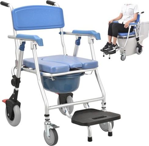 VFDZ Silla Ducha WC con Ruedas Plegable, Cómoda Silla De Ruedas para Ducha e Inodoro, 3 en 1 Silla Ducha y WC Minusvalidos Ruedas Azul (B)