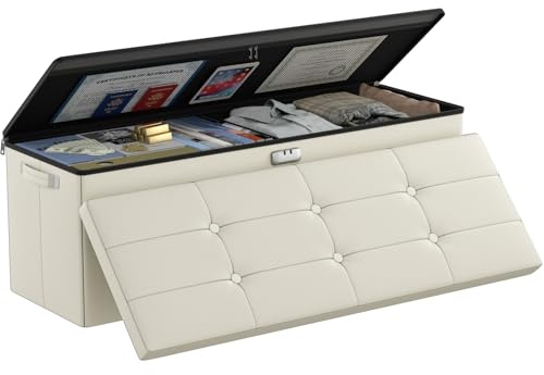 DocSafe Storage Ottoman Bench,Fireproof＆Waterproof Folding Bench with Lock(15”x 43”x15”),Leather Storage Chest with Handles＆2 Extra Boxes,Ottoman Safe for Bedroom,Living Room,Home Office,Beige