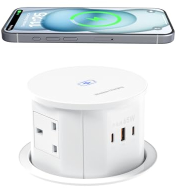 Jgstkcity Pop up Socket, 65W USB‑C Fast Charging, White | 4 Way Power Socket, USB-A & USB-C Ports, 15W Wireless Charger, 4.7'' Hole, 2m Cable, Worktop Mounted for Office, Gaming