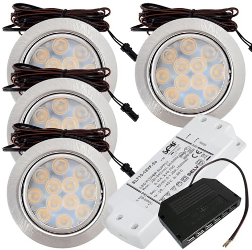 Lichtfaktor24 4 x 3W LED Möbeleinbauspots 12V super flach 65mm Einbauleuchten Leonie mit LED Trafo und Mini Verteiler 3000K Warmweiß Lochausschnitt: 55 bis 60mm