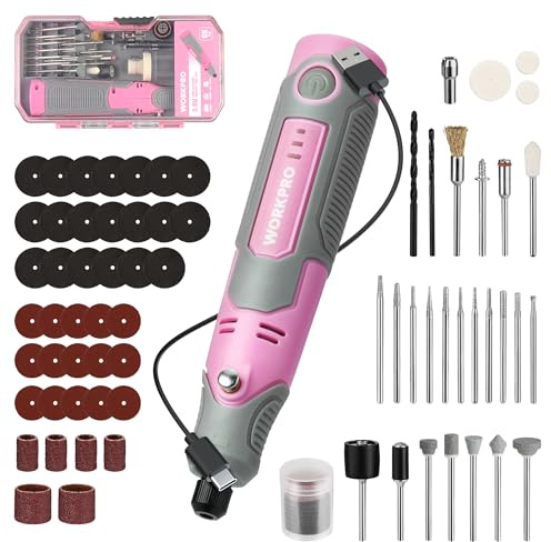 WORKPRO Cordless Rotary Tool Kit with 71pcs Accessories, 3 Variable Speeds, USB Rechargeable Mini Rotary Tool for Engraving, Sanding, Polishing, Carving, Cutting, DIY Crafts - Pink Ribbon