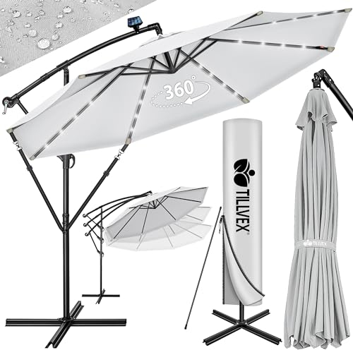 tillvex 300/350 cm Sombrilla Excentrico con 32 Luces LED Solar | Parasol para Terraza Jardín Balcón Patio | con Manivela y Base en Cruz, Giratorio 360º, Protección UV