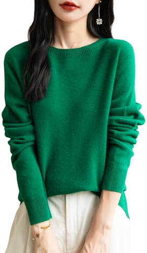 Chanyarn Women's Cashmere Long Sleeve Sweater Crewneck 2025 Fall Winter Seamless Knit Pullover Warm Soft 100% Merino Wool Sweater (Green,L)
