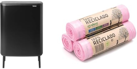 Brabantia Bo Touch Bin Hi - 2 x 30L Inner Buckets (Matt Black) Large Waste/Recycling Kitchen Bin - Soft-touch & Relevo 100% Recycled Scented Bin Liners, Heavy Duty 30L, 45 Bin Bags