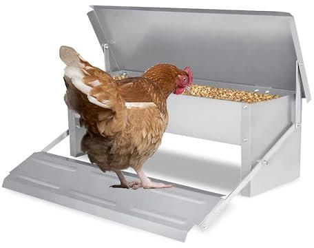 Automatischer Geflügelfutterautomat mit Pedal - Metallfuttertrog for 5 kg Hühner, selbstöffnender Hühnerfutterautomat mit Pedal, mit wasserdichtem Deckel