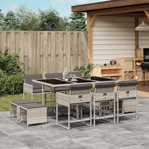 Faroom Polyrattan Sitzgruppe for 10 Personen - Gartenmöbel Set 10 Stühle mit Tisch mit Glasplatte & Kissen - Garten Sitzgruppe - Polyrattan Gartenmöbel Set für Garten & Terrasse Hellgrau AS 18