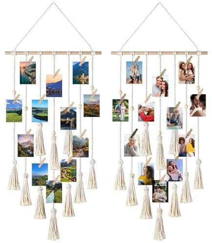 LDHHYH 2 Stück Photo Hanging Macrame, Fotowand Mit Klammern, Photo Hanging Macrame Wall Hanging, Frame Collage Boho Decoration, Fotowand mit 30 kleinen Holzpflöcken und 10 Quastenanhängern