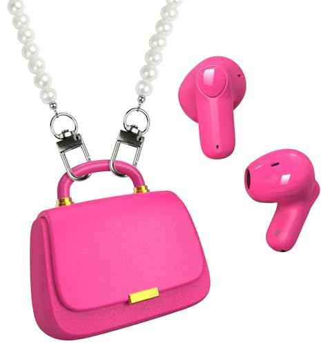 ANCwear Wireless Earbuds Bluetooth Stylish Handbag Design, True Wireless Sound Earbuds, Fashion Sports Earbuds with Mic for On-The-Go Listening with Pearl Chain (Rose)