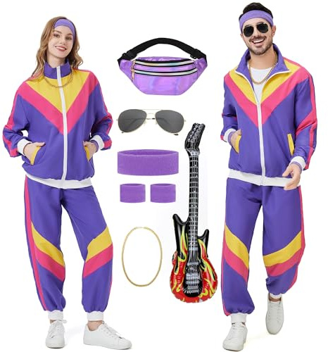 80 90er Retro Trainingsanzug Kostüm Karneval Unisex Hip Hop Sportanzug | Retro 90s Outfit Hip Hop Disco Sportanzug Set für Halloween Theme Parties Karneval Herren Damen