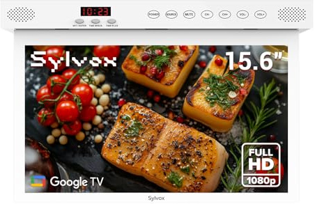 SYLVOX 15.6 Smart TV for Kitchen, Under Cabinet TV, Foldable & Rotatable | Space-Saving 1080P Kitchen TV, Built-in Timer, Google TV, 12V DC, Flip Down TV for Laundry, Bedroom, Caravan (White)