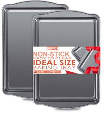 BEWOS 2 bandejas de acero al carbono con asa, 44 x 30 x 2 cm, bandejas para horno antiadherentes, bandejas grandes para horno, aptas para lavavajillas y fáciles de limpiar, juego de bandejas de horno