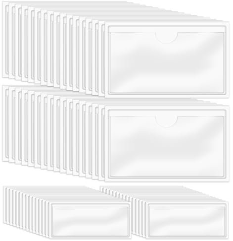 62 Stück Etikettenhalter Selbstklebend, 30 Stk Etikettenhalter Aufkleber 3,2x7,5cm und 32 Stk Beschriftungsfenster Selbstklebende 10x6cm Visitenkartentaschen Selbstklebend, für Zuhause Büro Schule