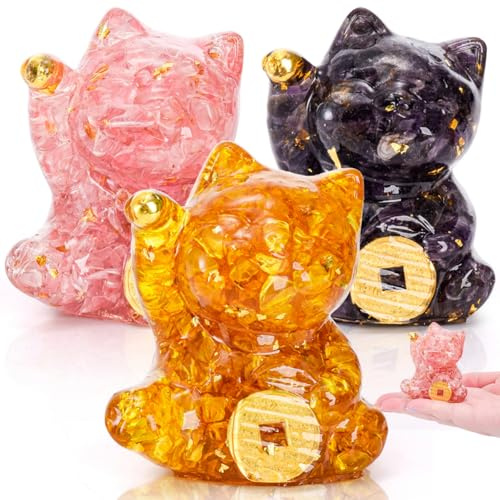ELFULLY 3 Pcs Crystal Maneki Neko, 2.7 Mini Lucky Cat Figurine, Cute Fortune Beckoning Welcoming Cats as Good Luck Decor for Home Office Car Stores Restaurants
