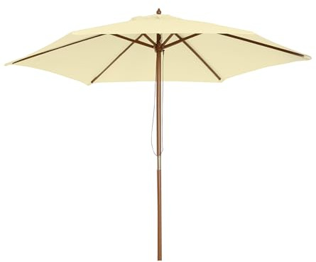Outsunny Sombrilla de Jardín Ø250x230 cm Parasol de Terraza con 6 Varillas Poste Desmontable Anti-UV Impermeable y Marco de Madera para Playa Patio Crema