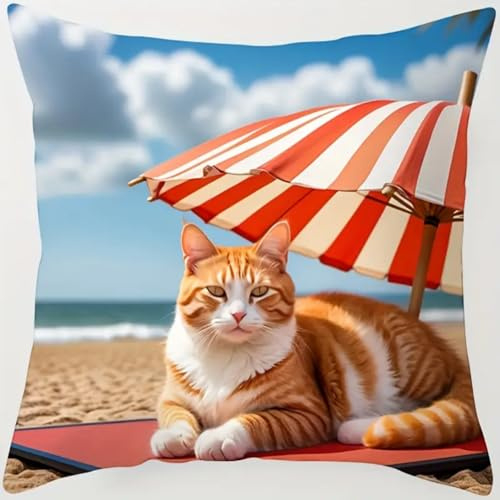 ANSIWEIGO Juego de cojines de nudos de 43 x 43 cm, juego de anudados DIY con gancho de anudar e hilo – Cojín para anudar uno mismo, cojín decorativo para adultos y niños, gato de vacaciones