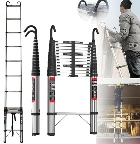 5M Telescopic Ladder with Hooks, Stainless Steel Folding Extension Ladder 16.4FT, Non-Slip Feet, Load 150kg/330lb, Multi-Purpose Collapsible Ladder for Household Outdoor Working