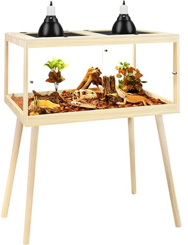 PROLEE Bearded Dragon Tank with Leg Stand 62 Gallons, Wooden Lizard Tank,Reptile Tank with Metal Mesh Roof Door, Acrylic Panel Snake Tank with Lock Design (Oak, 40x20x20)