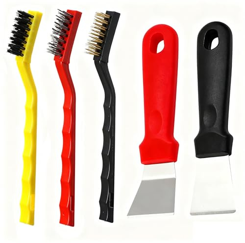 5-Piece Household Cleaning Tool Set, 2Pcs Non-Scratch Kitchen Scraper for Oven, Stove, 3Pcs Wire Brush with Stainless Steel, Brass, Nylon Bristles for Kitchen, Sink Deep Cleaning