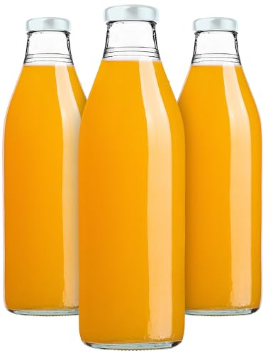 KADAX Botellas de zumo de 1 l, 3 unidades, botellas de cristal con tapón de rosca fi43 mm, botellas vacías para conservas, botellas para rellenar zumo y jarabe (blanco)