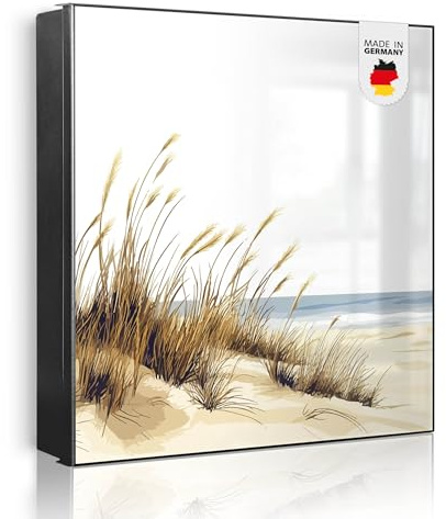 banjado Großer Schlüsselkasten Metall - Schlüsselbox 30x30cm beschreibbarer mit 32 Haken - Schlüsselkasten modern für Schlüsselaufbewahrung - Korpus Schwarz Scharnier Links - Motiv Dünenlandschaft am