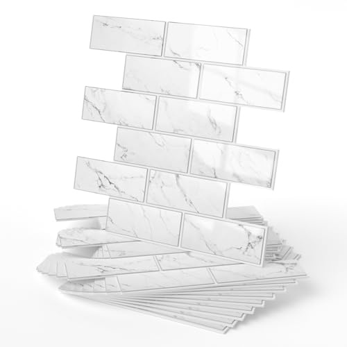 WADILE 3D Selbstklebende Wandfliesen, 10er Set Aluminium-Folie Schaumstoff-Paneele, Wasserdichte PVC Wandaufkleber für Küche & Bad, Marmor Weiß Backsteinoptik Wandverkleidung
