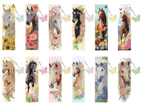 12 Stück DIY Diamond Painting Lesezeichen Pferd Set | Lesezeichen Basteln Pferde Motiv mit Schmetterlings Quaste, Kreatives Geschenk für Pferdeliebhaber & Mädchen