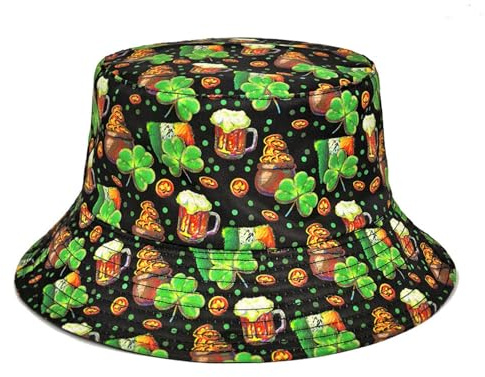 St. Patrick's Day Bucket Hat for Women and Men, Green Cap Ireland Shamrock Accessories Double-Sided Reversible Hats Lucky Clover Sun Caps Lightweight Fancy Dress Costume Accessory for Travel Party