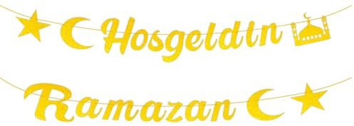 Hosgeldin Ramazan Banner, Ramadan Girlande Banner, Gold Glitzerndes Hosgeldin Ramazan Banner, Eid Party Hängen Dekoration, Ramadan Deko, für Home Garten Festival Party