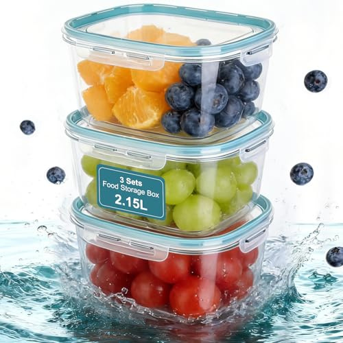 VINATO Set di 3 Contenitori Hermetici con Coperchio, 2,15 L - BPA Free, Impilabili, per Cereali, Farina, Caffè & Frutta Secca