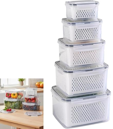Mujiluxe kylskåpsorganisatör, kylskåpslåda, 5-delad kylskåpsorganisatör, med avtagbara siktar, för frukt, grönsaker och bär (4,15 l, 3,15 l, 1,7 l, 0,8 l, 0,35 l)