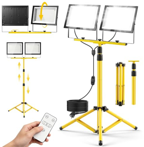 Viugreum LED Baustrahler 20000 Lumen Doppel 2x200W mit Stativ, 432LEDs Arbeitsscheinwerfer, 1.84M Einstellbar Teleskopisch, Bauscheinwerfer 5m Kabel, IP66, Arbeitsleuchte für Baustelle, Werkstatt