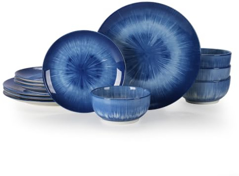 Sweejar Home Ceramic Dinnerware Set for 4,12 pcs Plate and Bowls Sets | Dishware sets, Cereal Bowls and Dinner Plates Set Service, Stackable Dishes sets Dishwasher and Microwave Safe Blue