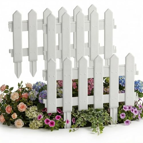Weißer Lattenzaun Garteneinfassung 5 Packung, ineinandergreifende Kunststoff-Blumenbeetumrandung Zaun mit Stachelfüßen, dekorative Gartenbegrenzungsplatten für Rasenwege, 20 x 38 cm