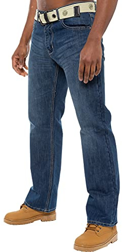 Enzo BNWT Mens Designer Denim Jeans Blue Regular Loose Fit Free Belt 36 W X30L Stone Wash