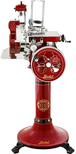 Berkel Volano Tribute handbetriebene Aufschnittmaschine mit Blütenverziertes Schwungrad, Messerdurchmesser 300 mm Rot und Sockel