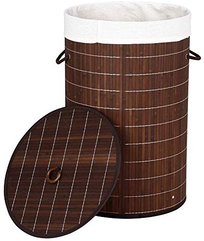 Bakaji Cesto Biancheria Sporca Portabiancheria Casa in Legno di Bambù e Tessuto Contenitore Pieghevole Salvaspazio con Coperchio e Manici Capacità 70lt Dimensione 38 x 60 cm (Marrone)