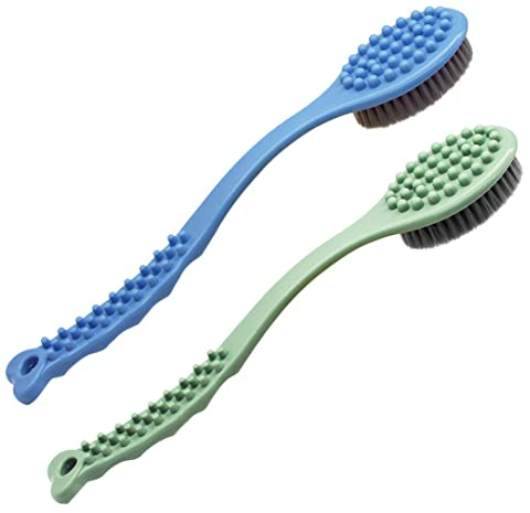 Brosse de bain à long manche - Brosse de massage corporel douce et confortable pour brosse exfoliante pour peau sèche (Bleu et Vert)