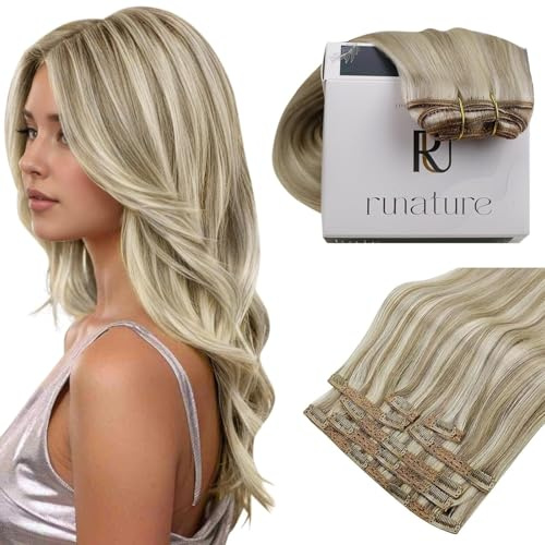 RUNATURE Clip in Extensions Echthaar Aschbraun mit Platinblond 120g Naturliches Haarextensions 40cm 16 Zoll #8P60