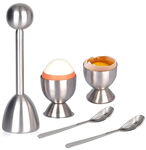 Eierschneider-Aufsatz-Set, 5-teilig, Edelstahl, Eieröffner, Eiertrenner, Eierknacker-Werkzeug für weiche und hart gekochte Eier (2 Eierbecher + 2 ovale Eierlöffel + 1 Eieraufsatzschneider)