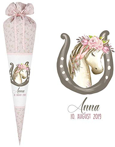 Manufaktur Liebevoll Pferde Schultüten aus Stoff für Mädchen personalisiert mit Namen des Kindes I Zuckertüten mit Einschulungstüte Pony Einschulungsgeschenk (Motiv “Anna”)