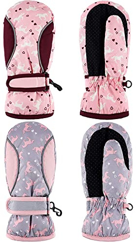 SATINIOR 2 Pairs Girls Waterproof Mittens Kids Snow Gloves Warm Thicken Ski Gloves for Winter Outdoor Activities(8-12 Years,Horse Style)