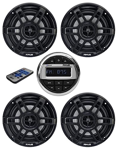 PIMAR Kit stereo con casse nere 150 WATT + telecomando presa usb radio bluetooth accessori barca gommone nautica (4 CASSE)