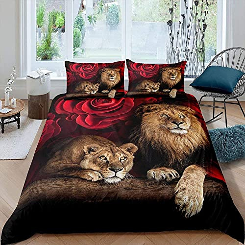 Lion Rose Duvet Cover Sets Double Size Animal Floral Print Comforter Cover Nature Theme Design Bedding Set For Kids Youth Adult Modern Brown Lion Quilt Cover Decor Room