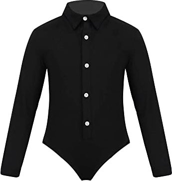 Agoky Kinder Jungen Langarm Bodysuit Tanzbody Latein Anzug Hemd Shirt mit Fliege Einteiler Jumpsuit Overall elastische Leotards Schwarz B 140